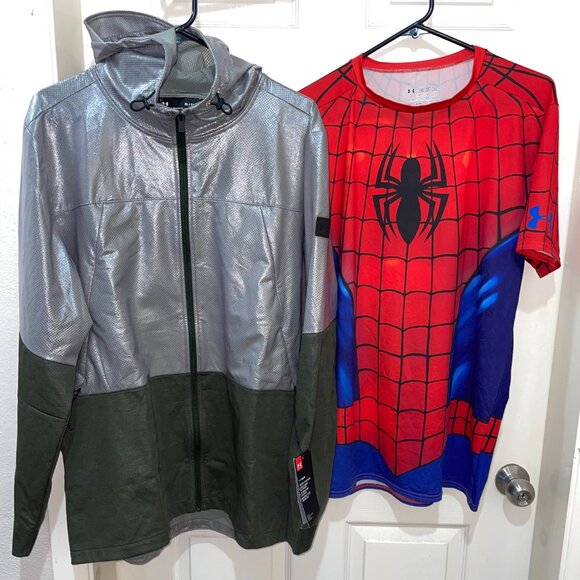 🕷 Under Armour SPIDER-MAN Compression Shirt / Hybrid Windbreaker Jacket Size Xl - Picture 1 of 10